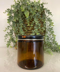 16oz Amber Straight Sided Jar - 89/400 Threaded w/ Black Lids - Peach State Candle Supply